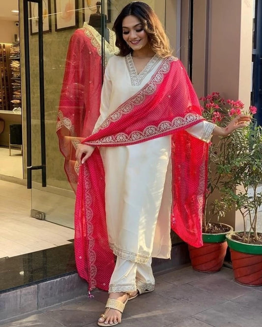 PANCHHI Gadhawal Fabric 3-Piece Kurta Set with Pink Dupatta