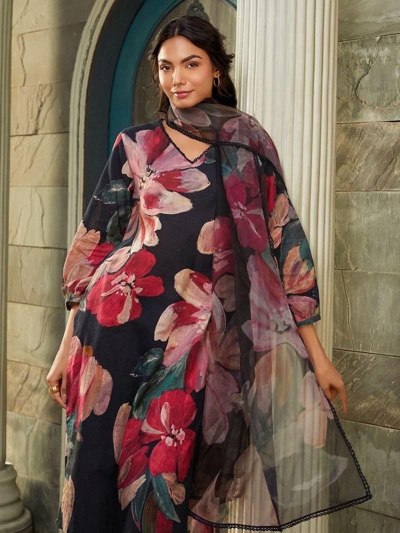 AKRUTI 3 - Piece Black Printed PC Cotton Suit Set - Wearified