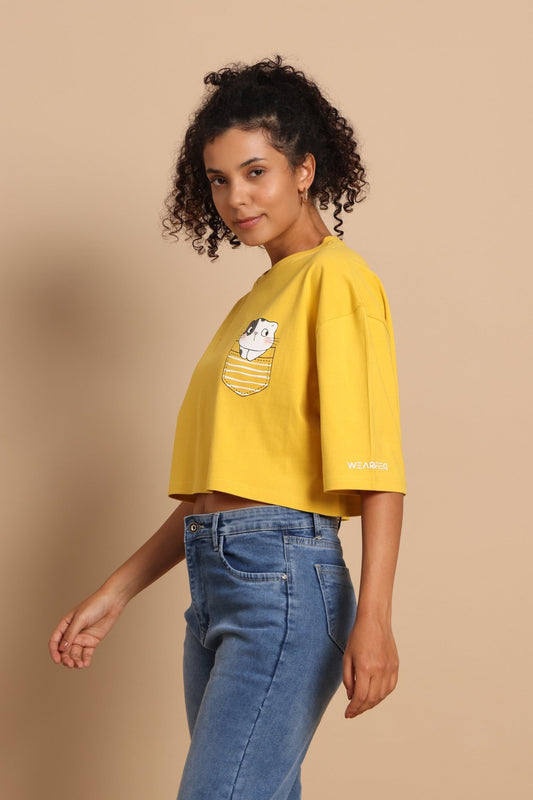 Cat Pocket Crop Tee - Bright Yellow Oversized Casual Top - Wearified