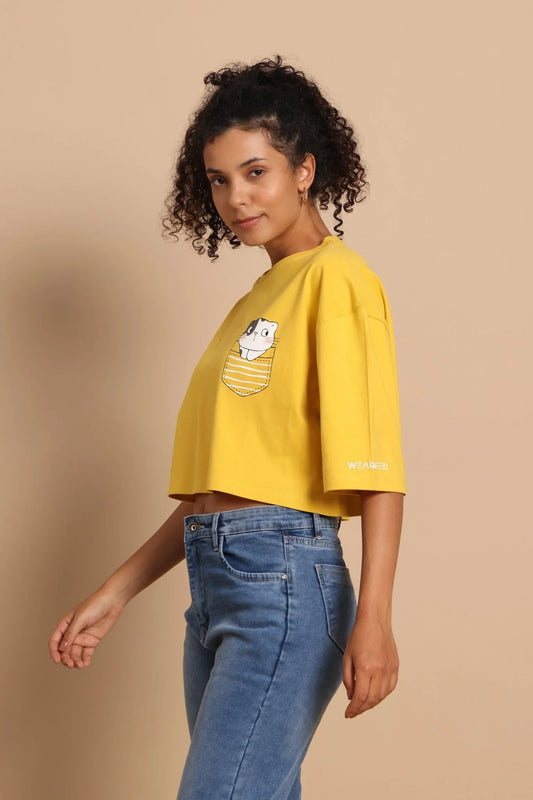 Cat Pocket Crop Tee - Bright Yellow Oversized Casual Top - Wearified