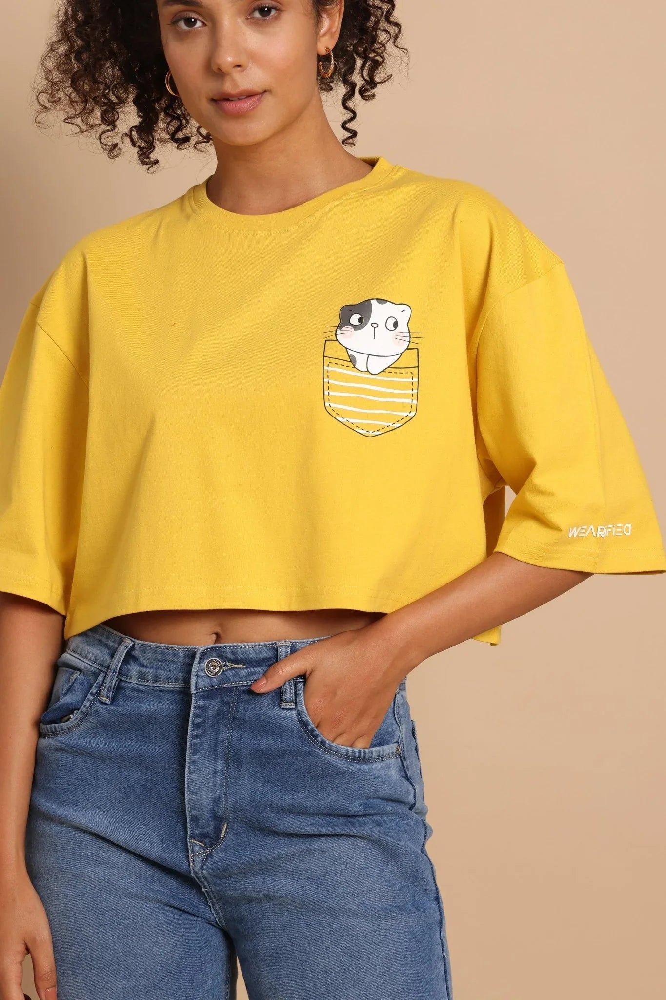 Cat Pocket Crop Tee - Bright Yellow Oversized Casual Top - Wearified