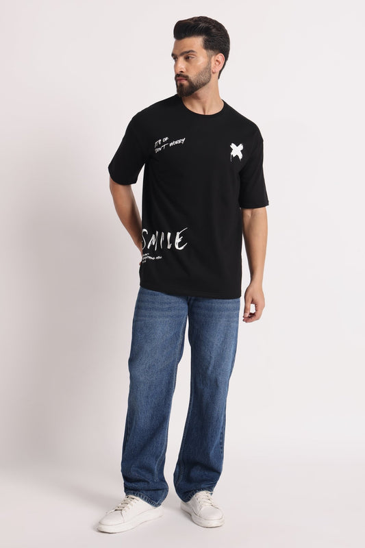 Men's Black "Smile" Oversized Graphic T-Shirt - Wearified