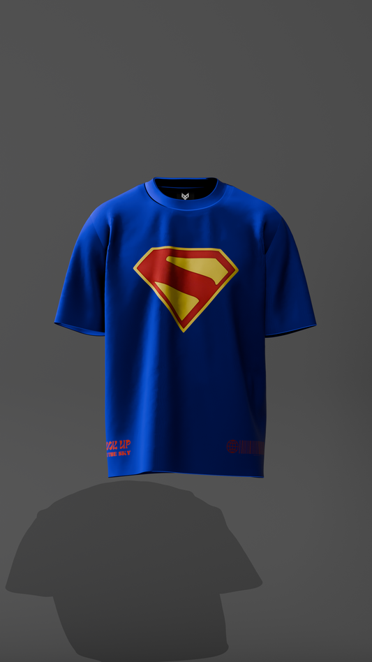 Blue t-shirt with Superman logo on a gray background