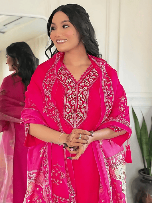 Viscose Pink Embroidered Straight Fit Kurti - Wearified