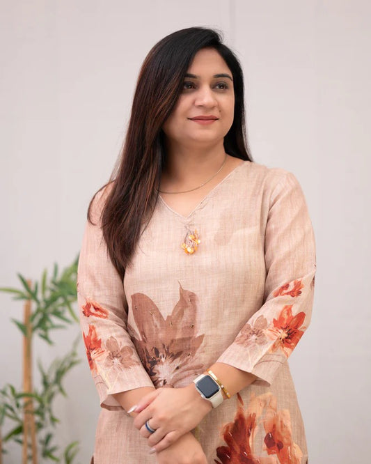 Pankhudi Beige Floral Kurta Set – Chanderi Cotton Elegance
