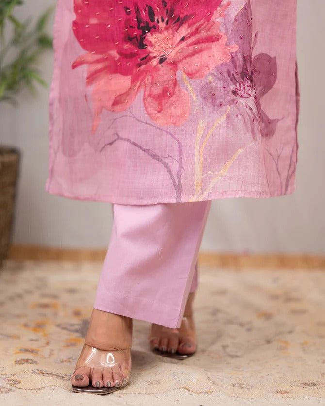 Pankhudi Pink Floral Kurta Set – Chanderi Cotton Elegance