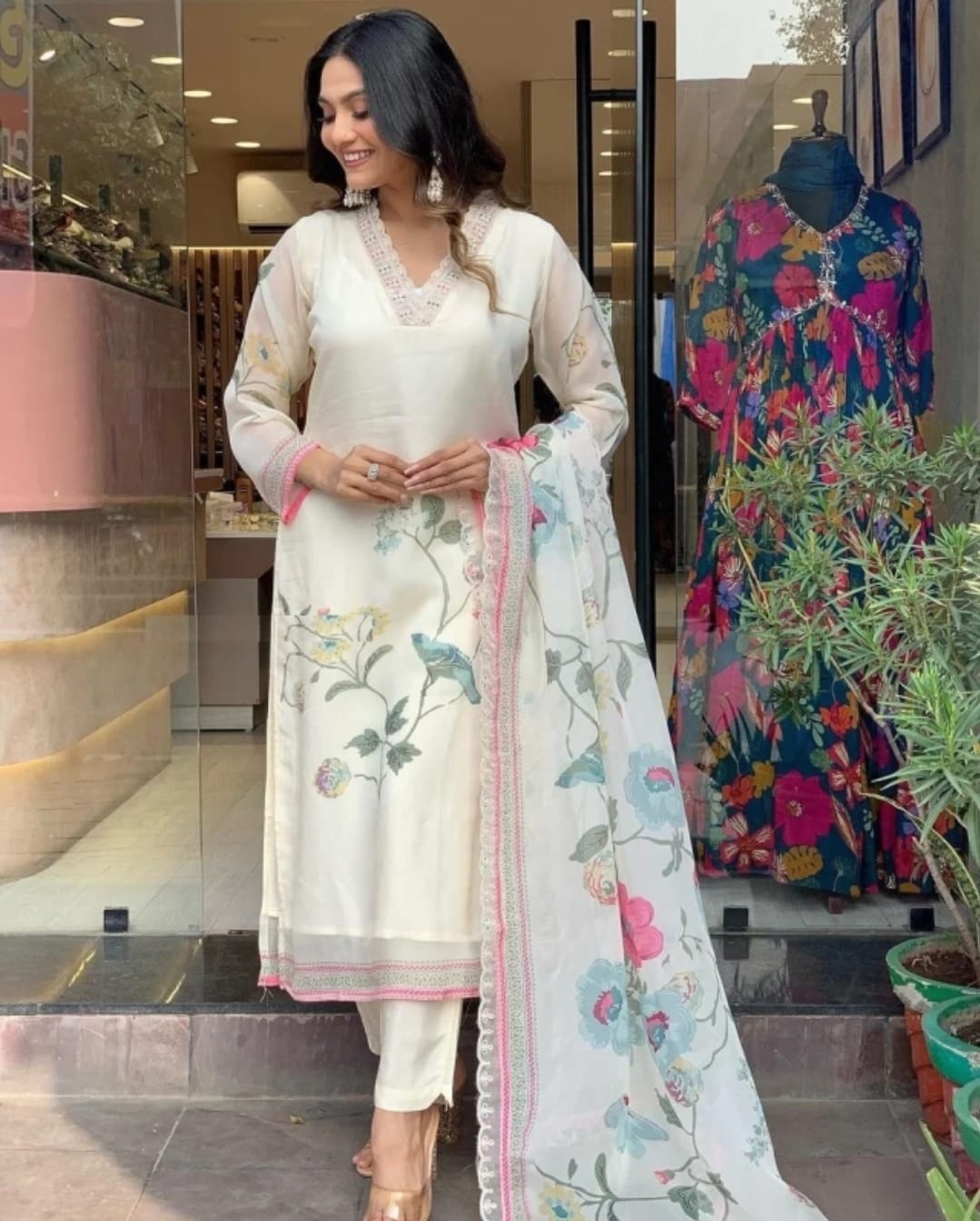 Chidiya White Floral Taby Silk Kurti Set with Dupatta – Elegant Wear