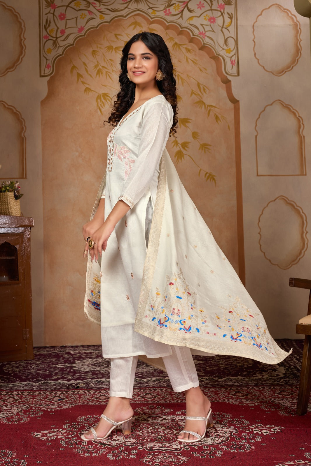 CHANDRA white 3-Piece Tesla Fabric Suit Set with Embroidered Dupatta