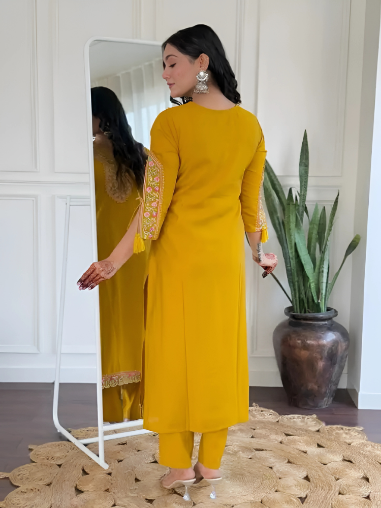 Viscose Yellow Embroidered Straight Fit Kurti