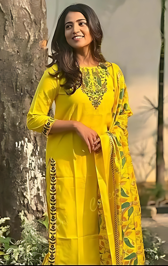 Khushi Yellow Embroidered Viscose Rayon Kurti Set with Dupatta