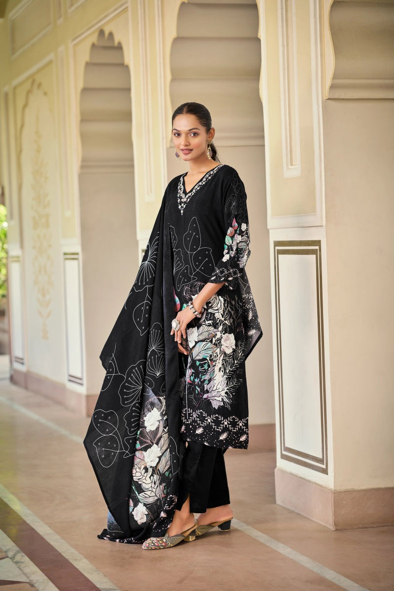 Noir Elegance Black Floral Straight Suit Set with Dupatta