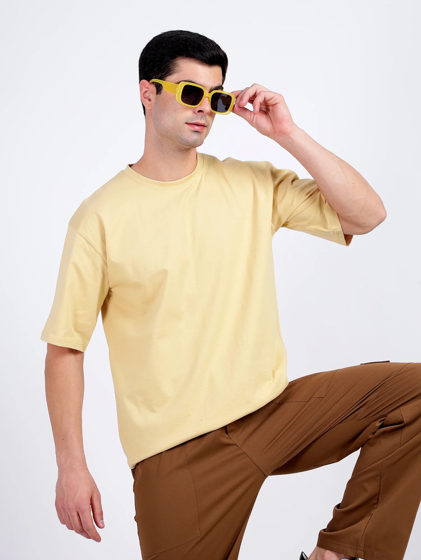 Solid Light Yellow Oversized T-Shirt for Men | Casual Summer Streetwear