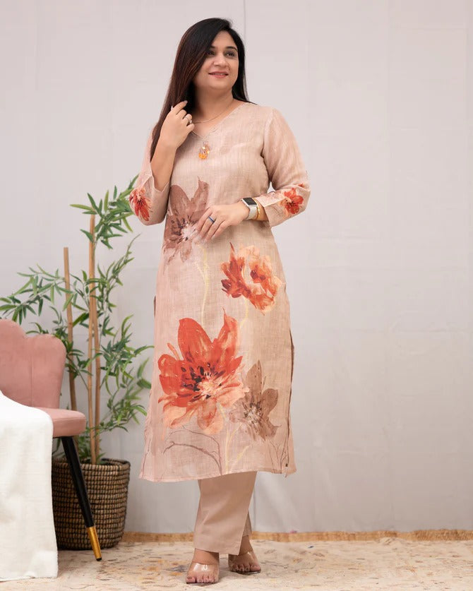Pankhudi Beige Floral Kurta Set – Chanderi Cotton Elegance