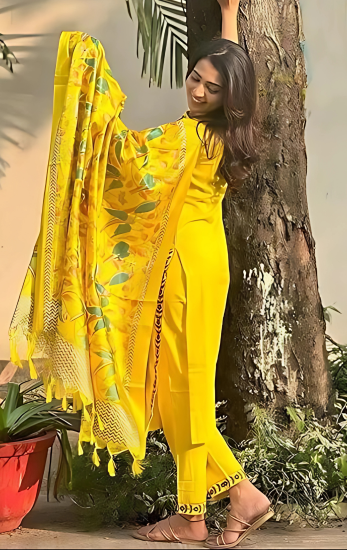 Khushi Yellow Embroidered Viscose Rayon Kurti Set with Dupatta