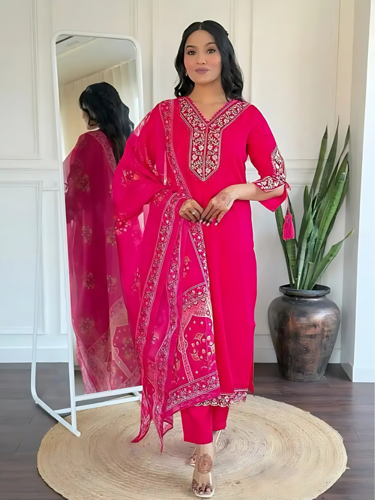 Viscose Pink Embroidered Straight Fit Kurti