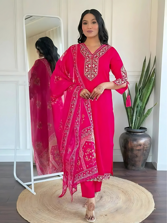 Viscose Pink Embroidered Straight Fit Kurti