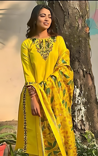 Khushi Yellow Embroidered Viscose Rayon Kurti Set with Dupatta