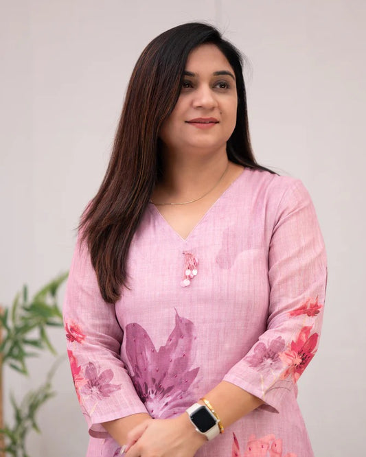 Pankhudi Pink Floral Kurta Set – Chanderi Cotton Elegance