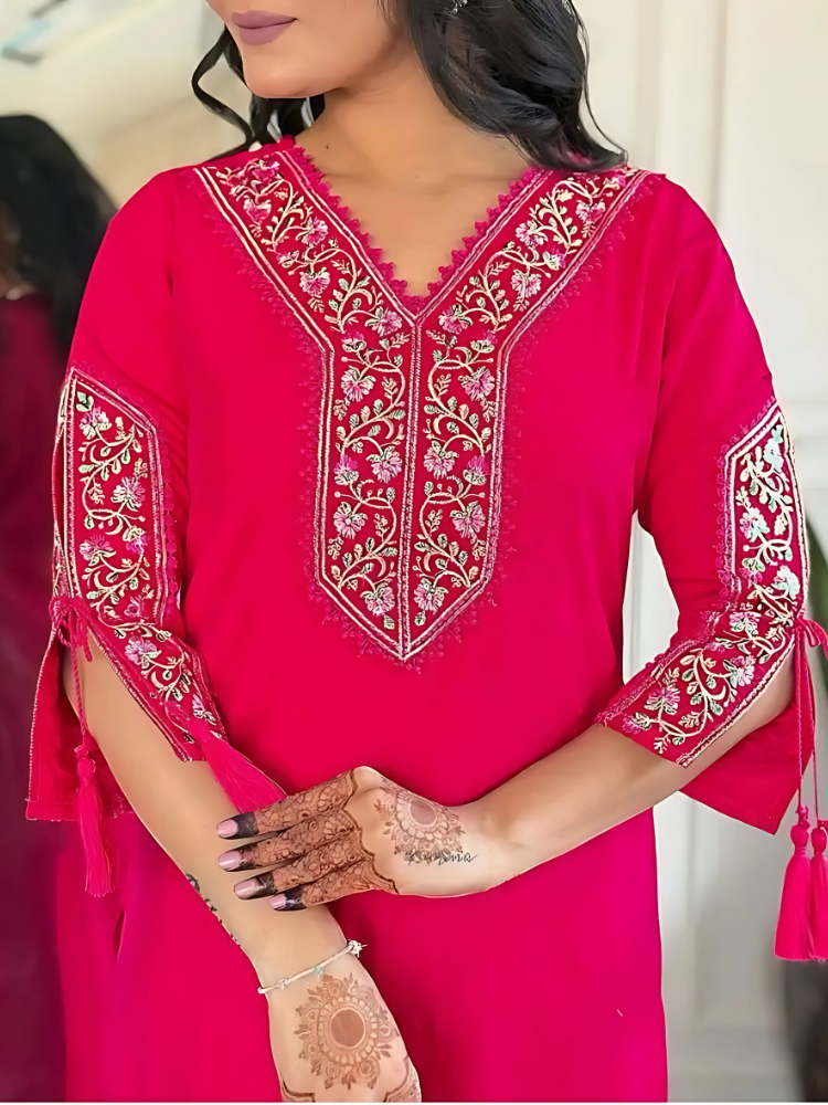 Viscose Pink Embroidered Straight Fit Kurti