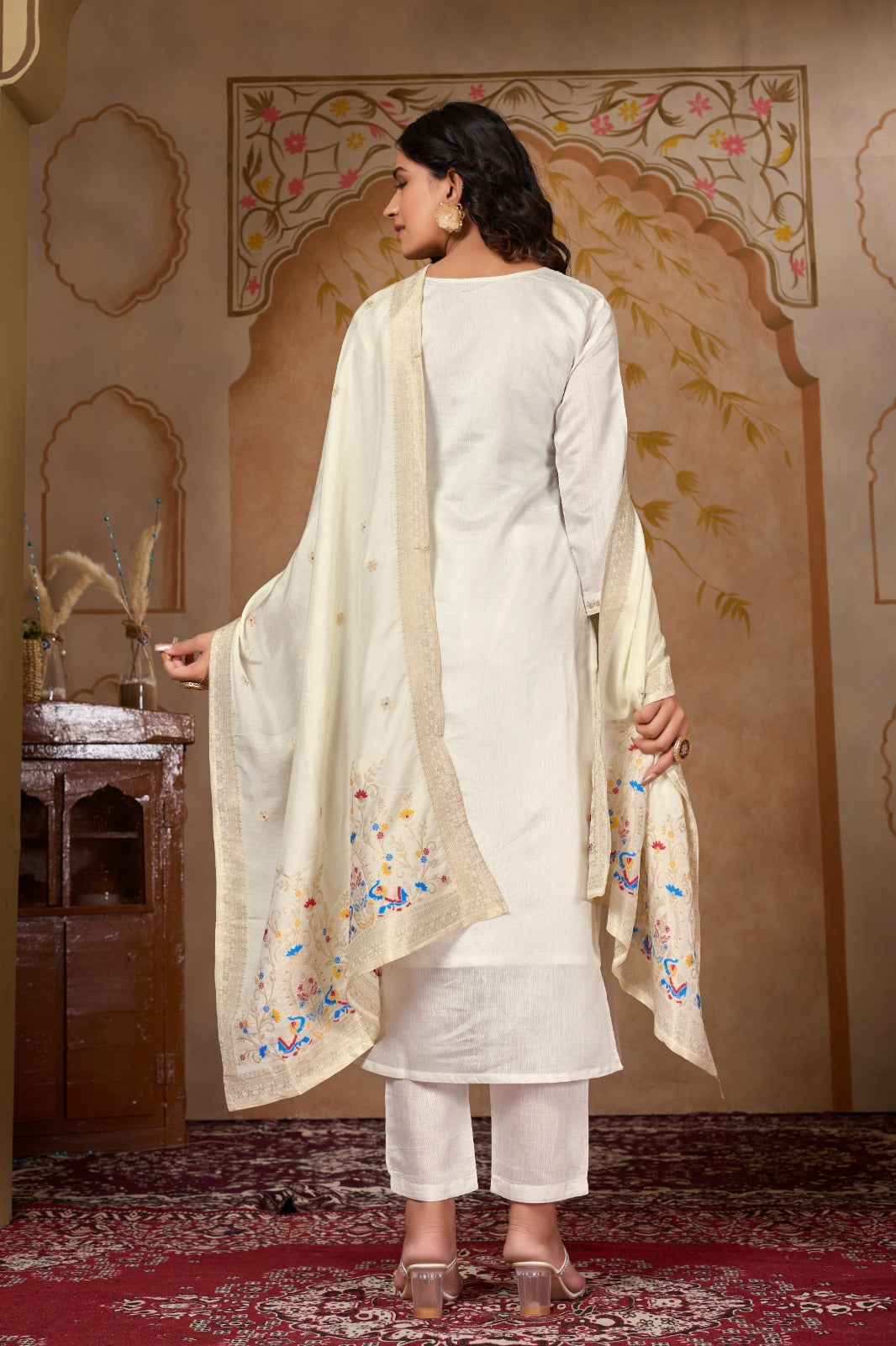 CHANDRA white 3-Piece Tesla Fabric Suit Set with Embroidered Dupatta