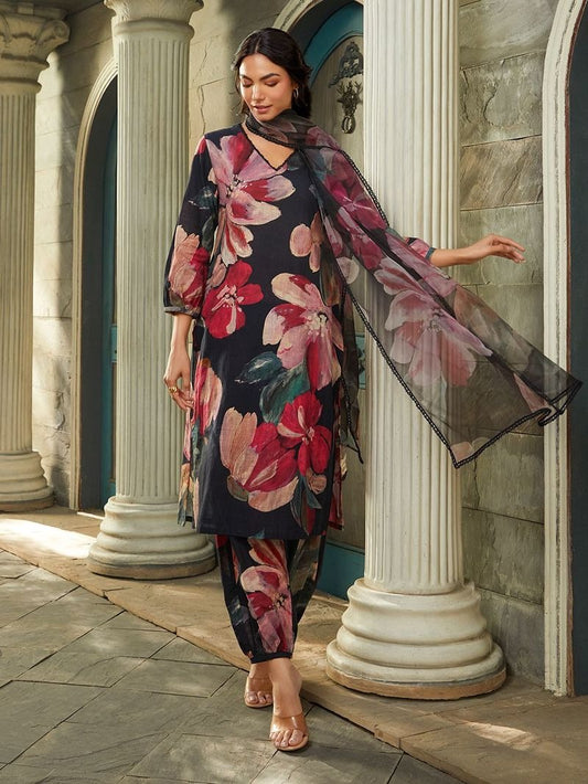 AKRUTI 3-Piece Black Printed PC Cotton Suit Set