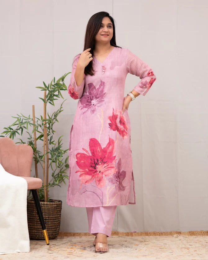 Pankhudi Pink Floral Kurta Set – Chanderi Cotton Elegance