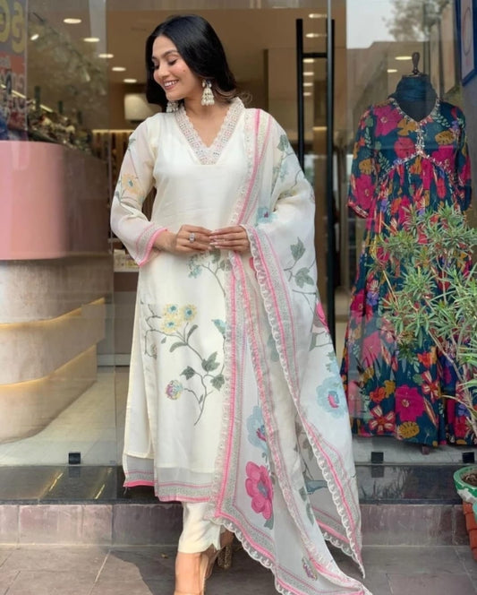 Chidiya White Floral Taby Silk Kurti Set with Dupatta – Elegant Wear