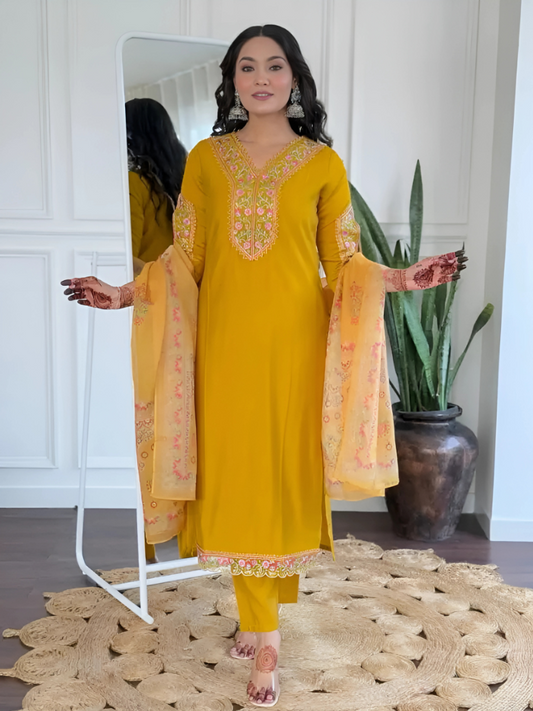 Viscose Yellow Embroidered Straight Fit Kurti