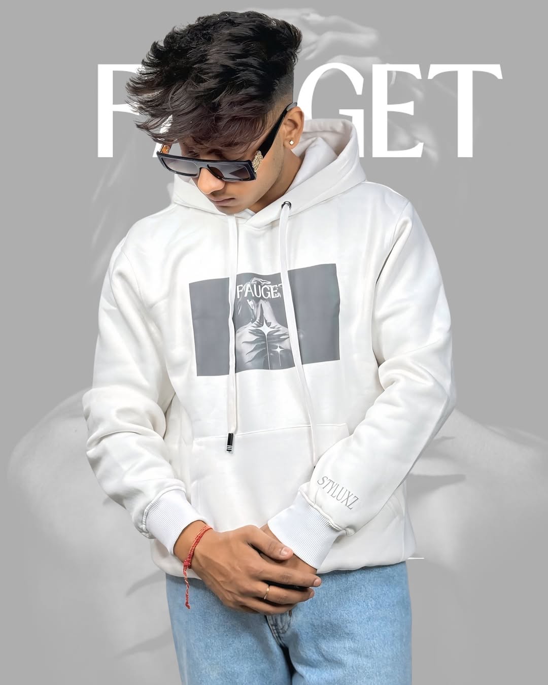 White Graphic Print Hoodie for Men | Modern Streetwear Hoodie