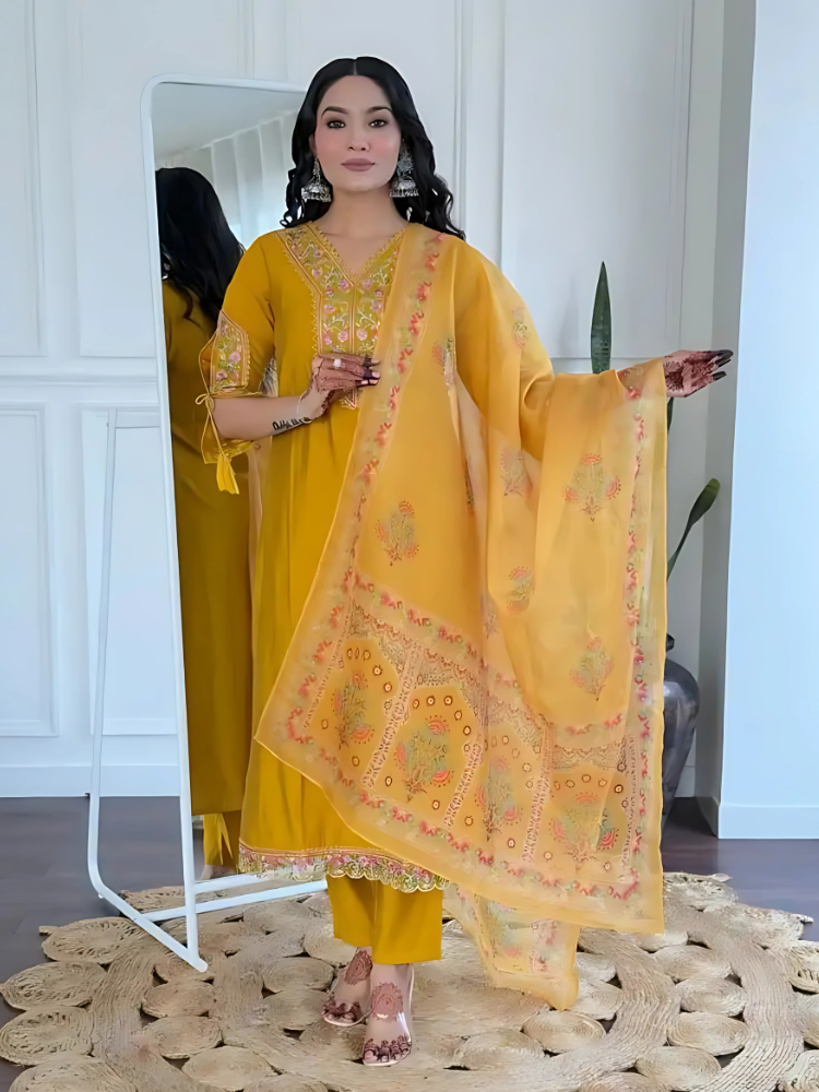 Viscose Yellow Embroidered Straight Fit Kurti