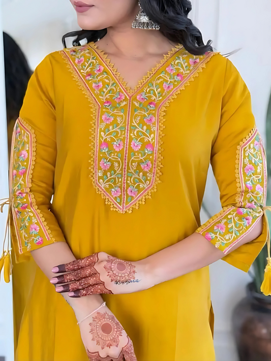 Viscose Yellow Embroidered Straight Fit Kurti