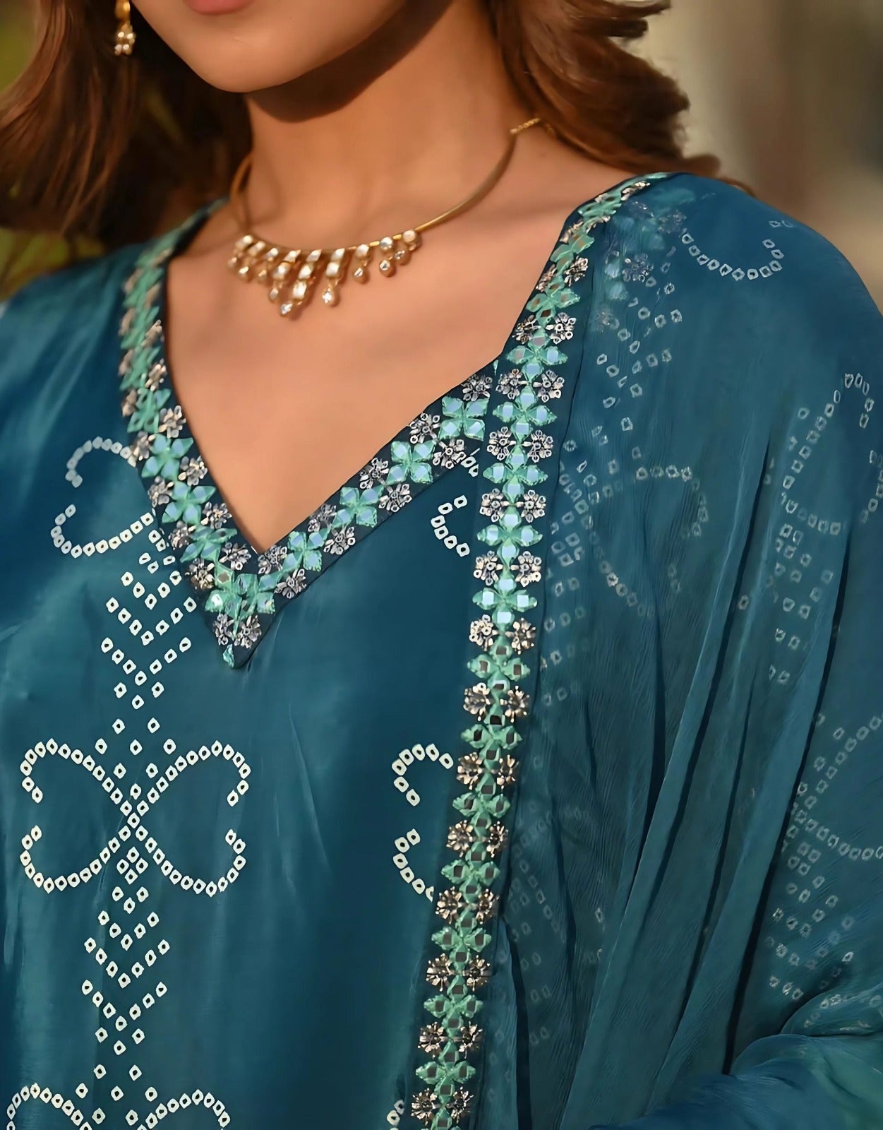 HEER-2 Teal Green Chinon 3-Piece Suit Set with Printed Dupatta