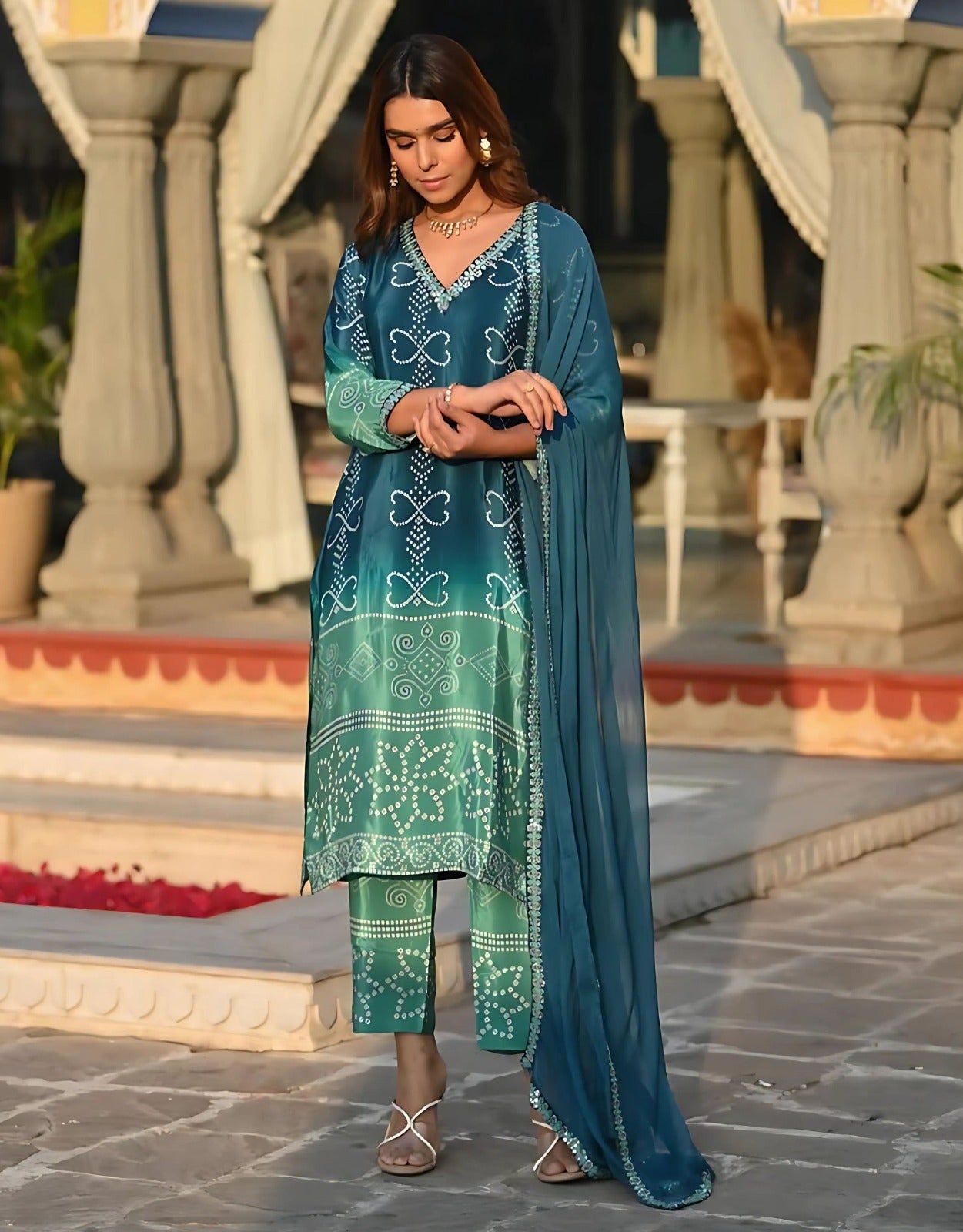 HEER-2 Teal Green Chinon 3-Piece Suit Set with Printed Dupatta