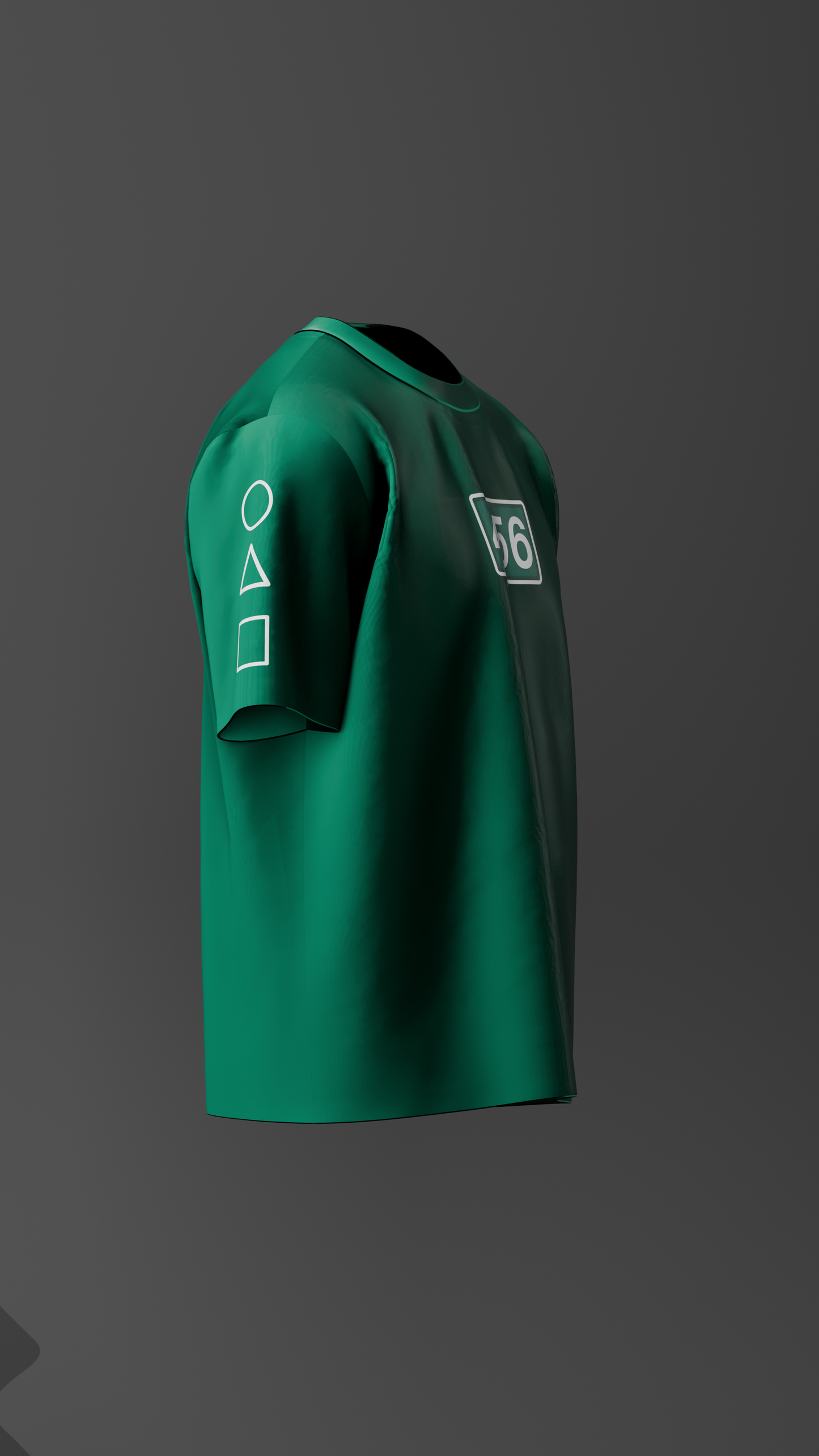 Green t-shirt with white logos on a dark gray background