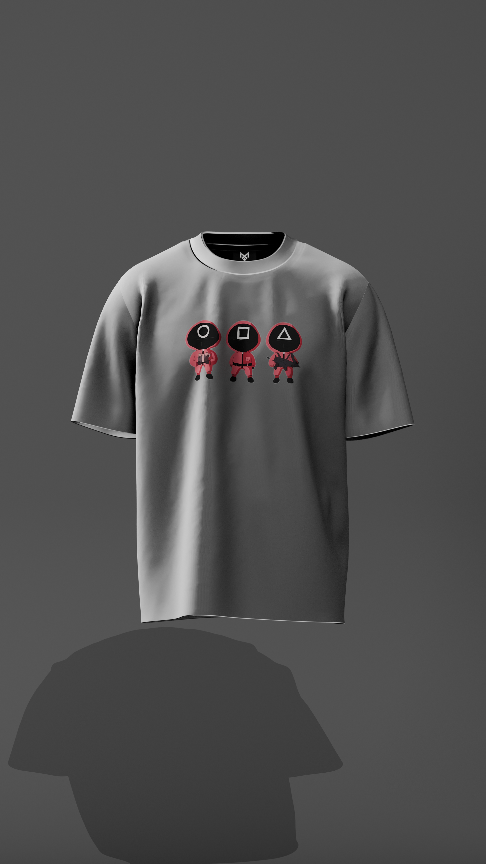 white t-shirt with graphic design on a dark gray background