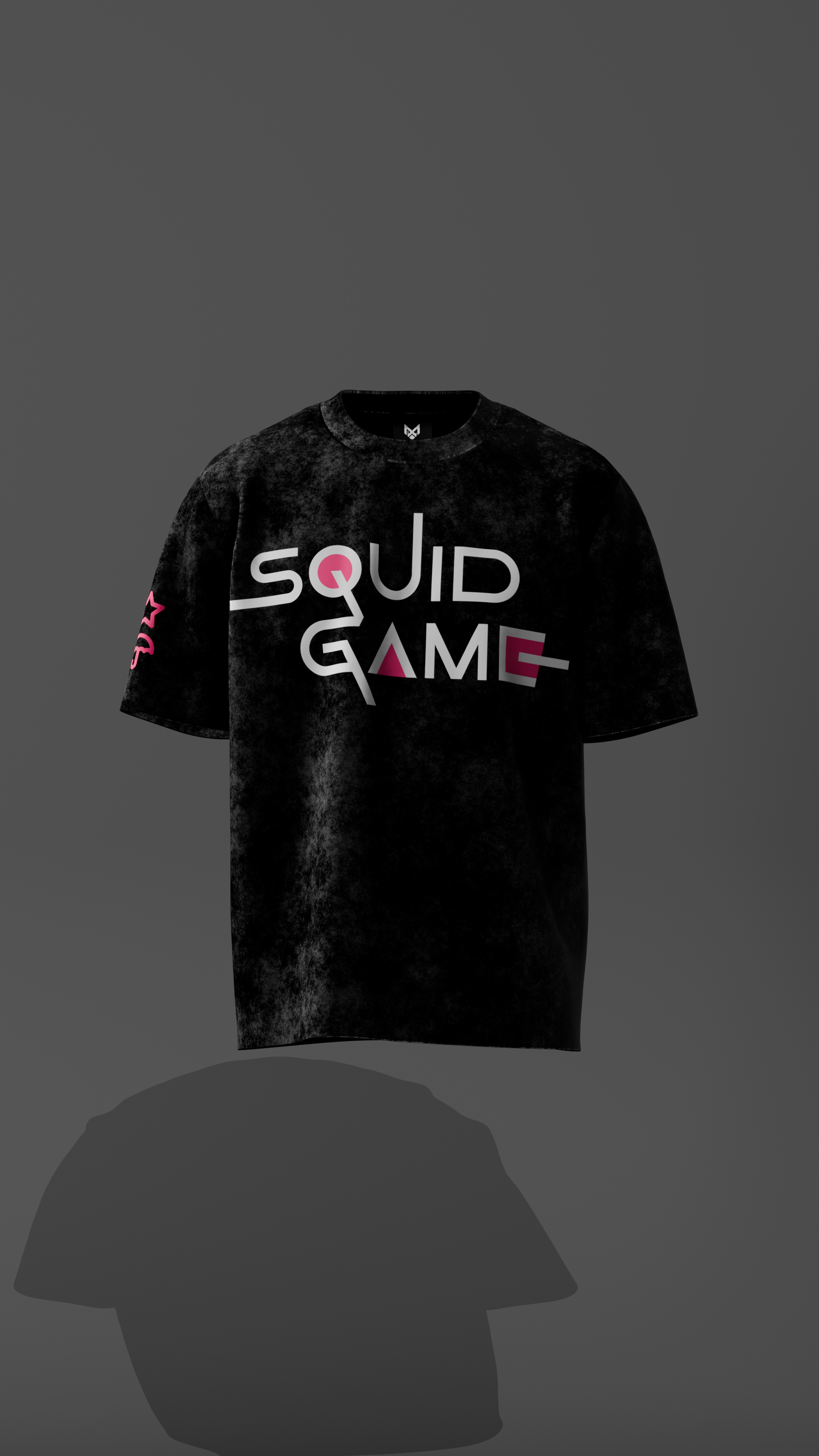 Black t-shirt with 'Squid Game' logo on a dark background
