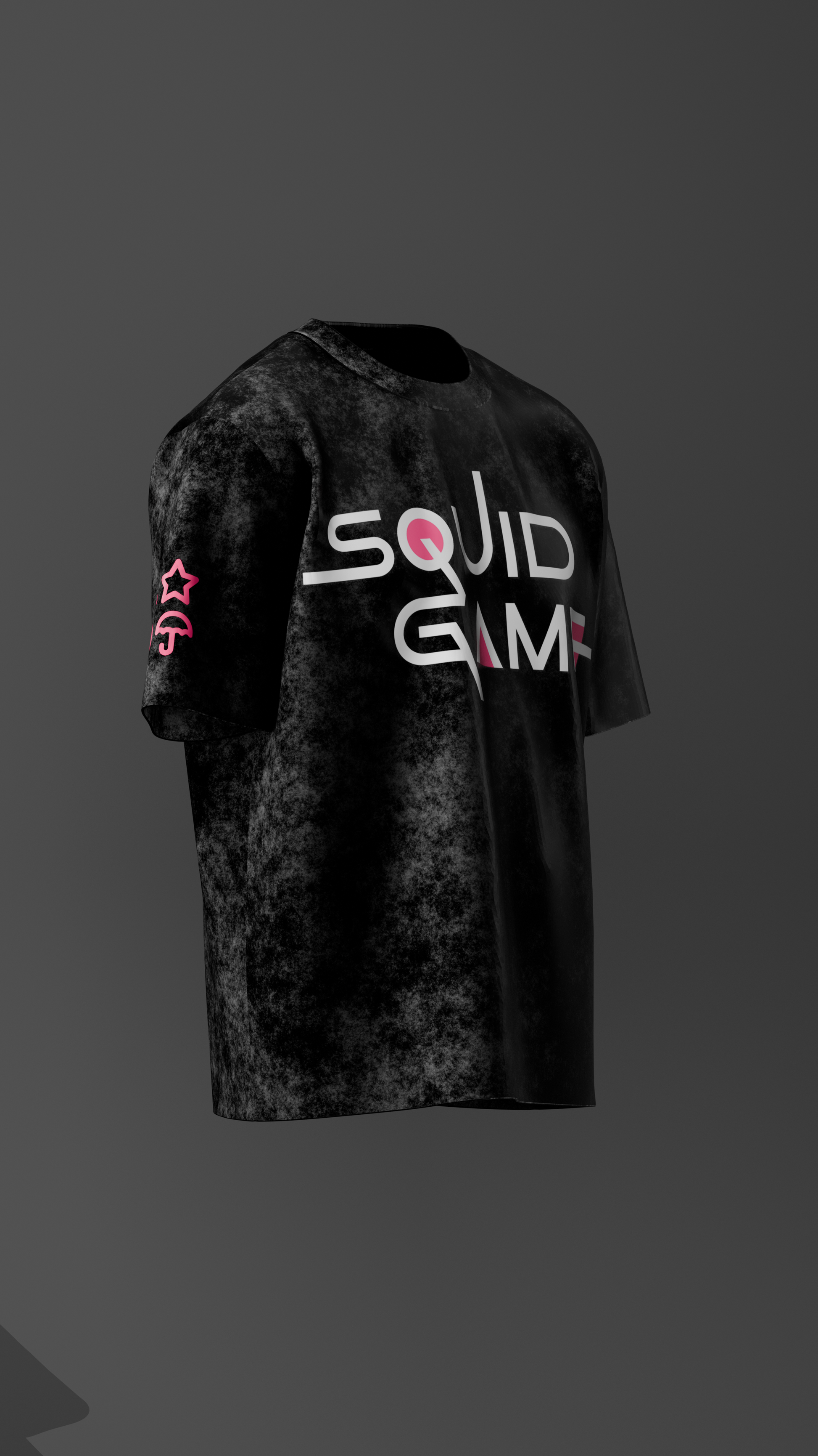 Black t-shirt with 'Squid Game' logo on a dark background