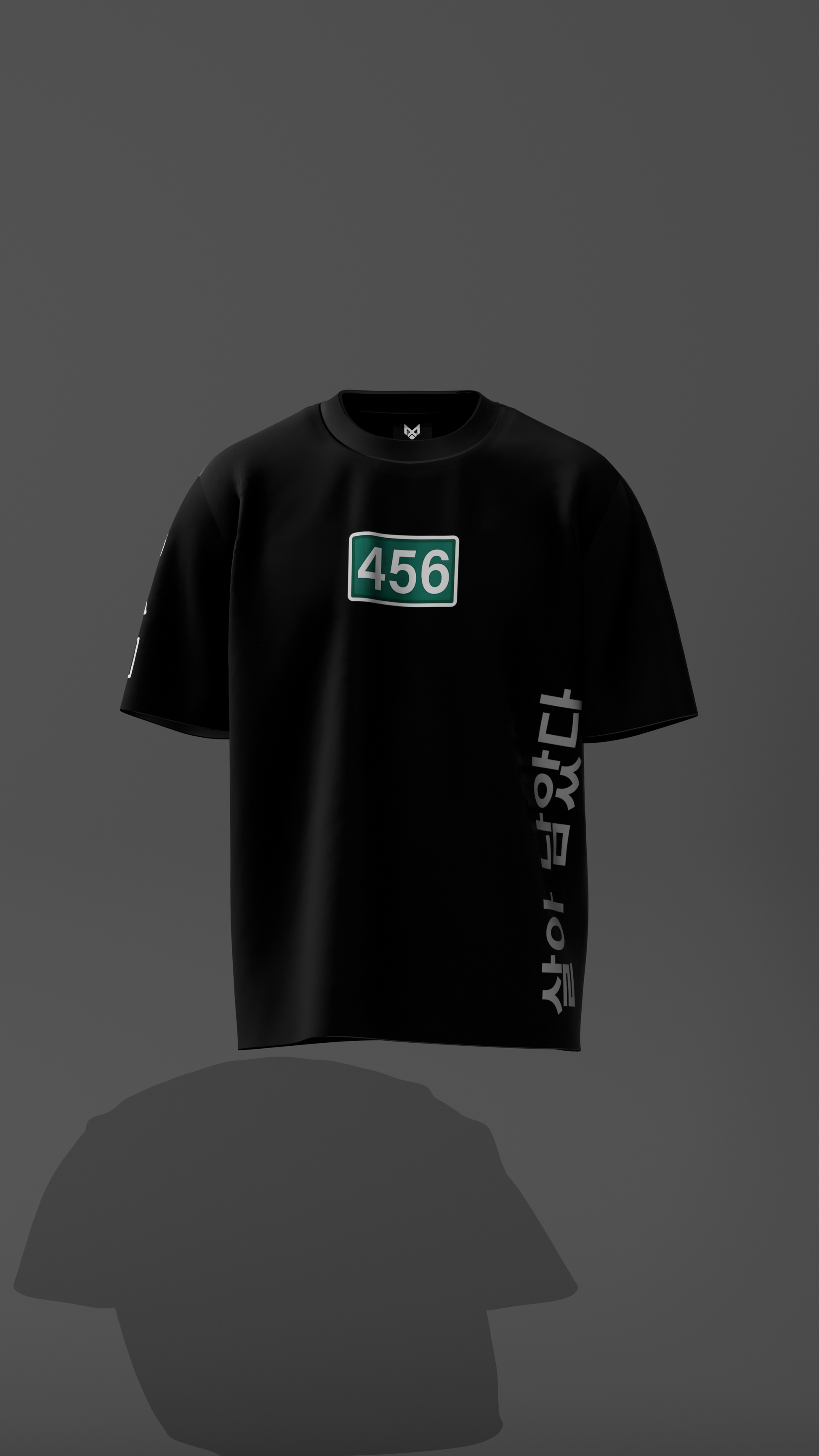 Black t-shirt with a green number '456' and text on a dark background