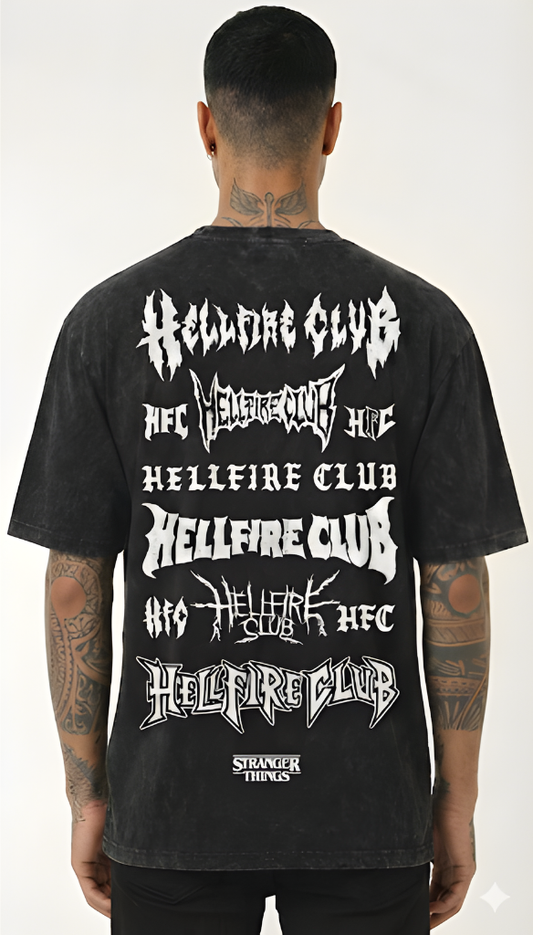 Stranger Things - Hellfire Club Acid Wash Oversized Black T-Shirt