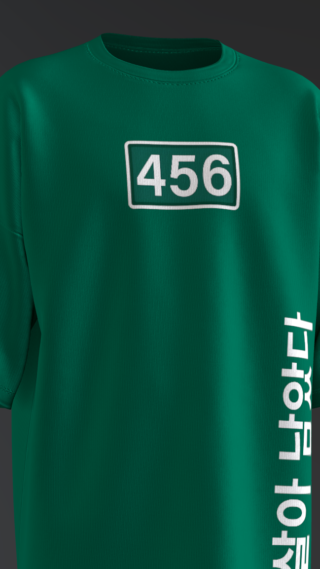 Green t-shirt with number 456 and Korean text on a dark background