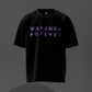 Black t-shirt with 'WAKANDA FOREVER' text on a dark background