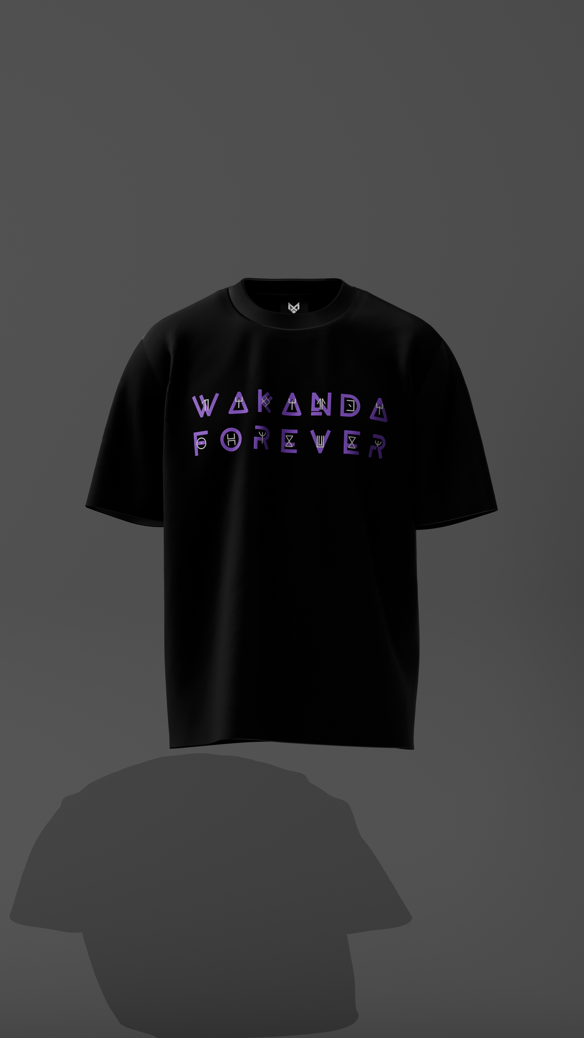 Black t-shirt with 'WAKANDA FOREVER' text on a dark background
