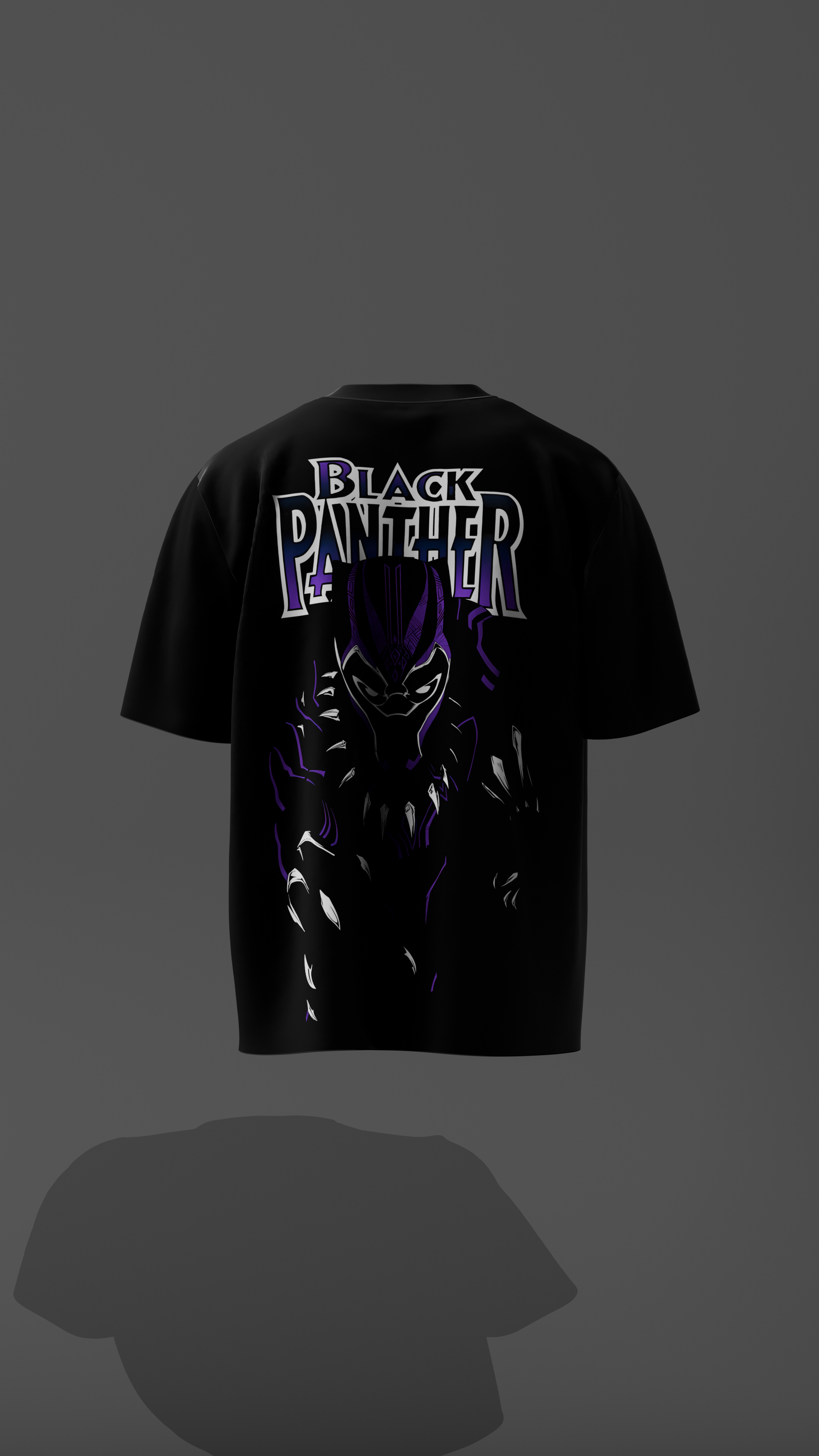 Black t-shirt with 'Black Panther' graphic on a gray background