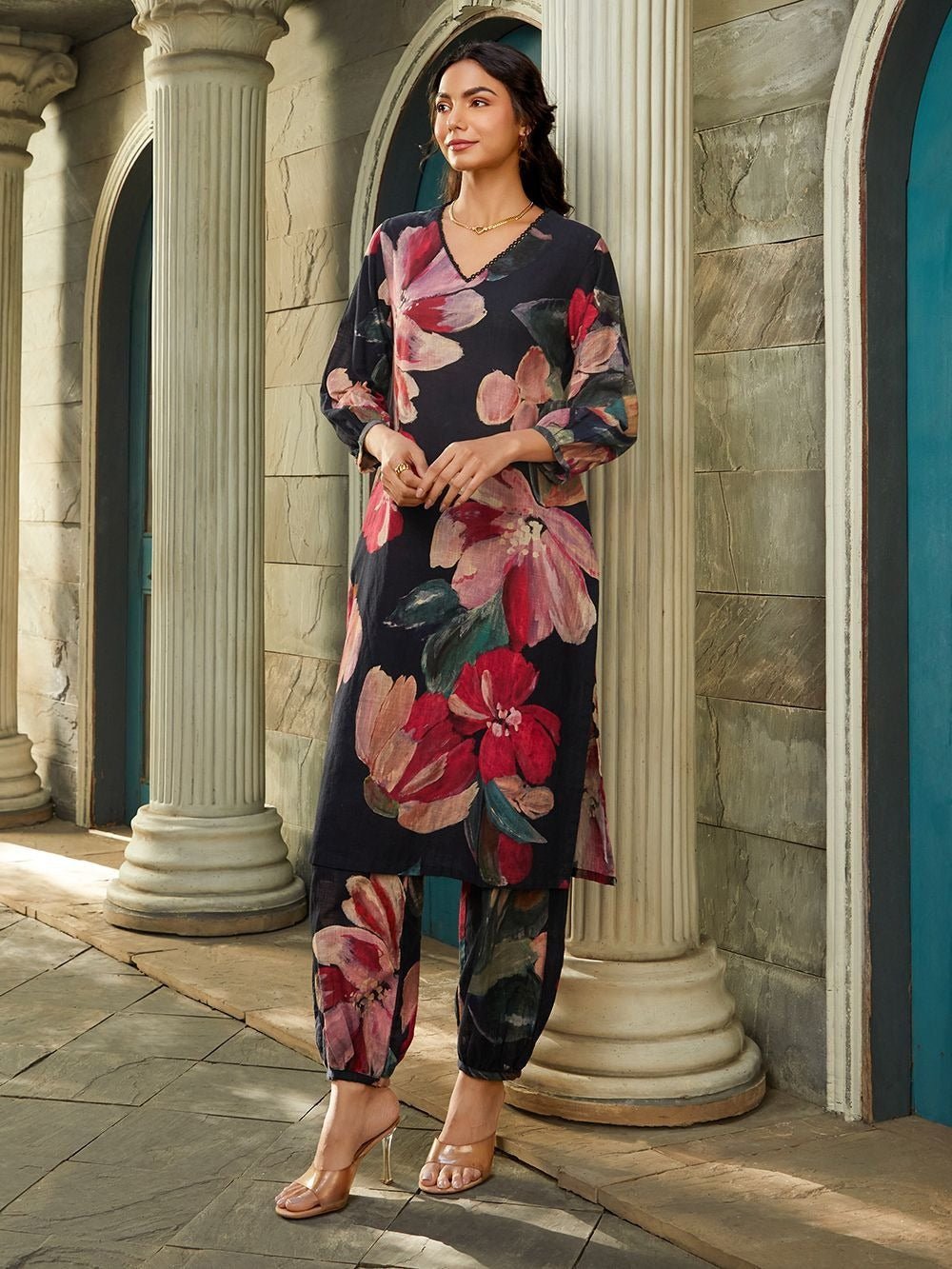 AKRUTI 3 - Piece Black Printed PC Cotton Suit Set - Wearified