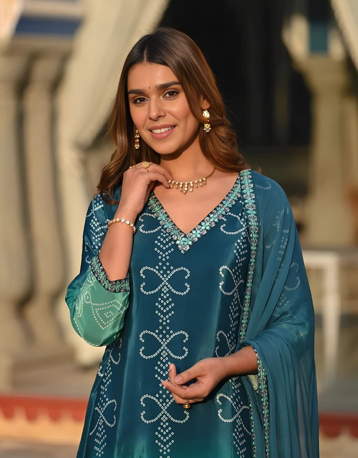 HEER-2 Teal Green Chinon 3-Piece Suit Set with Printed Dupatta