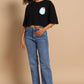 Cat Pocket Crop Tee - Black Oversized Casual Top - Wearified
