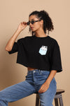 Cat Pocket Crop Tee - Black Oversized Casual Top - Wearified