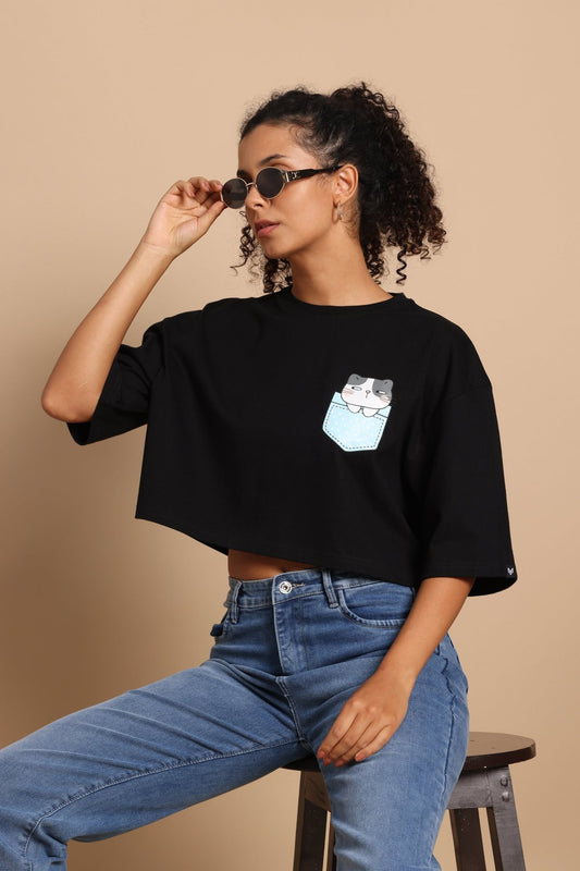 Cat Pocket Crop Tee - Black Oversized Casual Top - Wearified