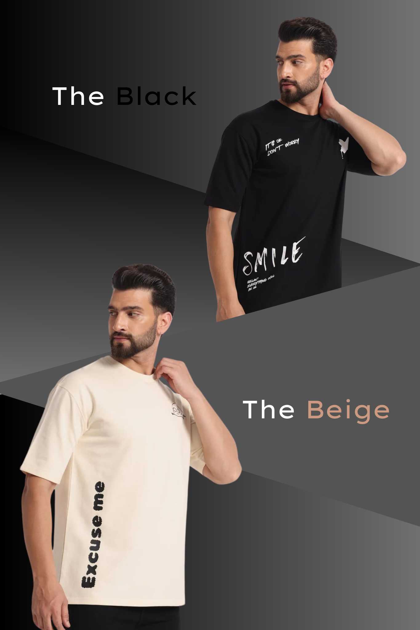Two men wearing t-shirts with text, one black and one beige, on a gray background.