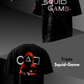 Black t-shirt with 'Squid Game' logo and design on a dark background